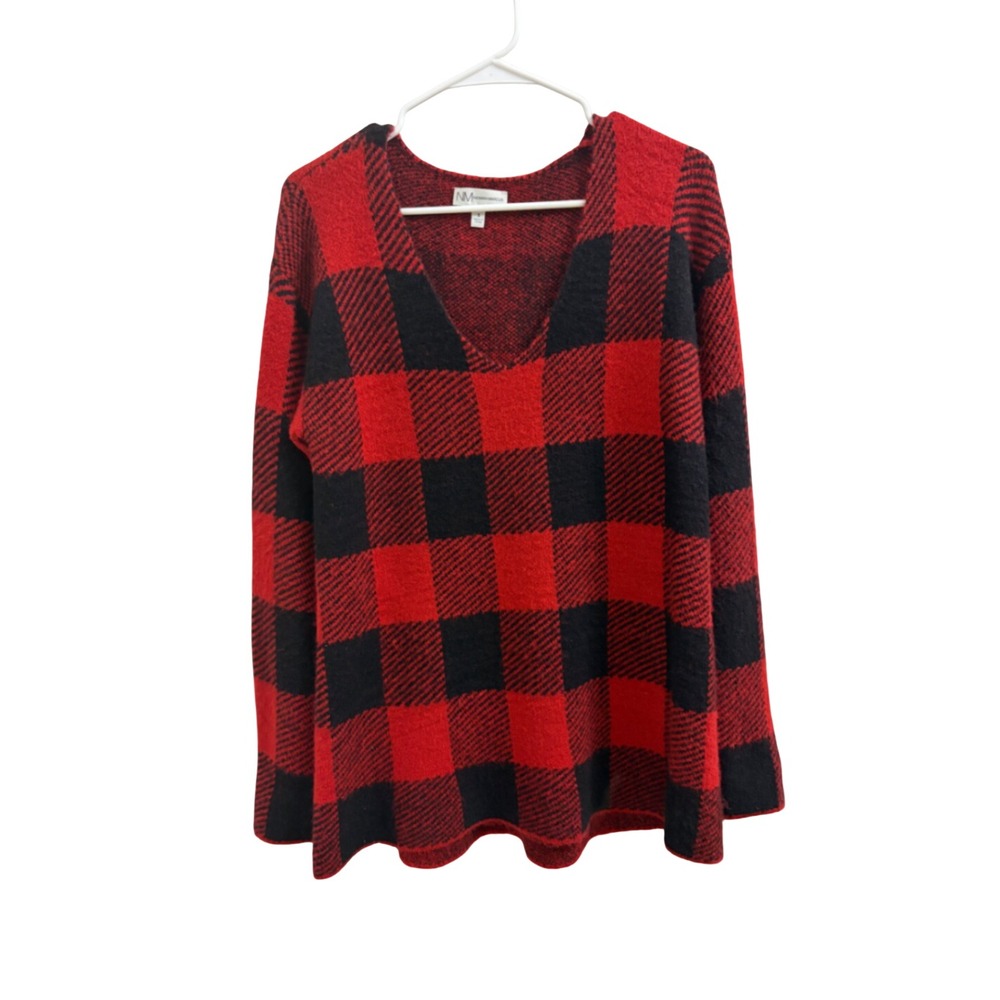 Sweater Buffalo Plaid Cabin Neiman Marcus Women Small Red Black V-Neck Knit